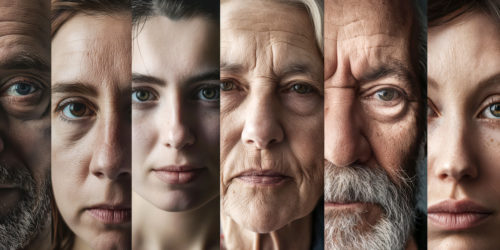 Collage of diverse human faces representing different ages, emotions and backgrounds, a tapestry of human diversity and expression, diversity concept