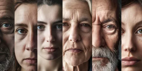 Collage of diverse human faces representing different ages, emotions and backgrounds, a tapestry of human diversity and expression, diversity concept