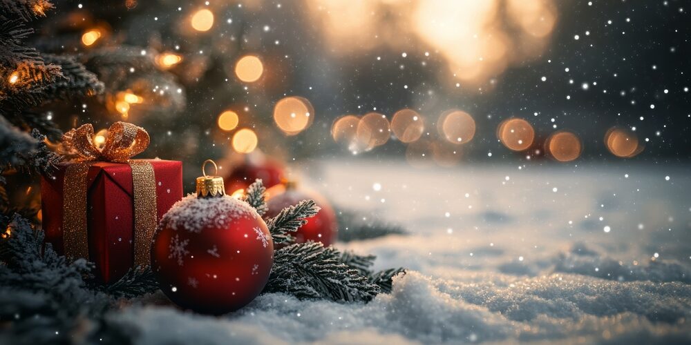 Winter holiday decorations with gifts and ornaments under a Christmas tree at sunset