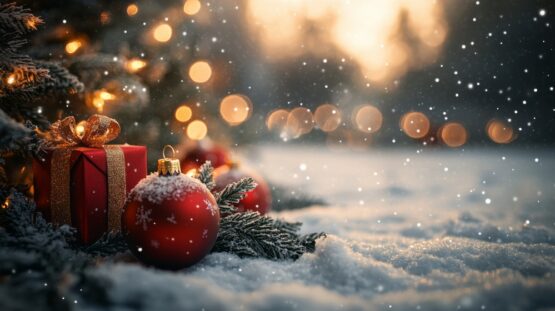 Winter holiday decorations with gifts and ornaments under a Christmas tree at sunset
