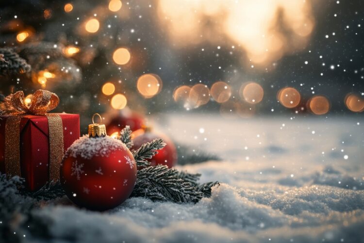 Winter holiday decorations with gifts and ornaments under a Christmas tree at sunset